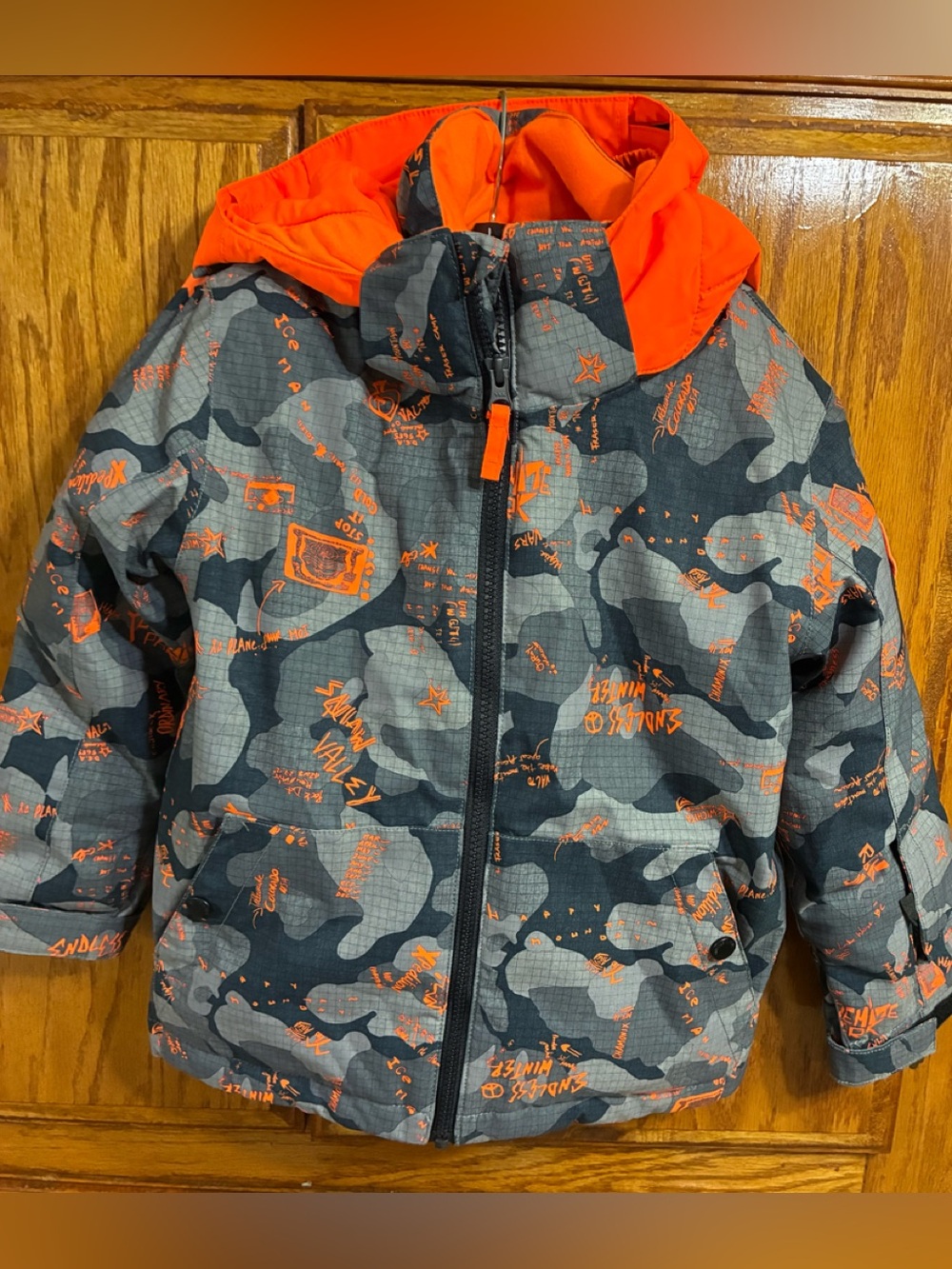 Quiksilver Kids' Gray Camo Puffer Jacket with Orange Hood